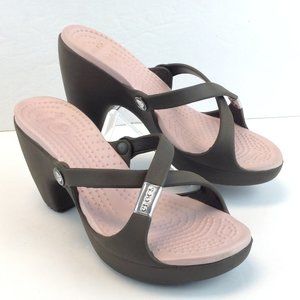 Crocs Cyprus Block Heels Brown Pink Criss Cross Strap